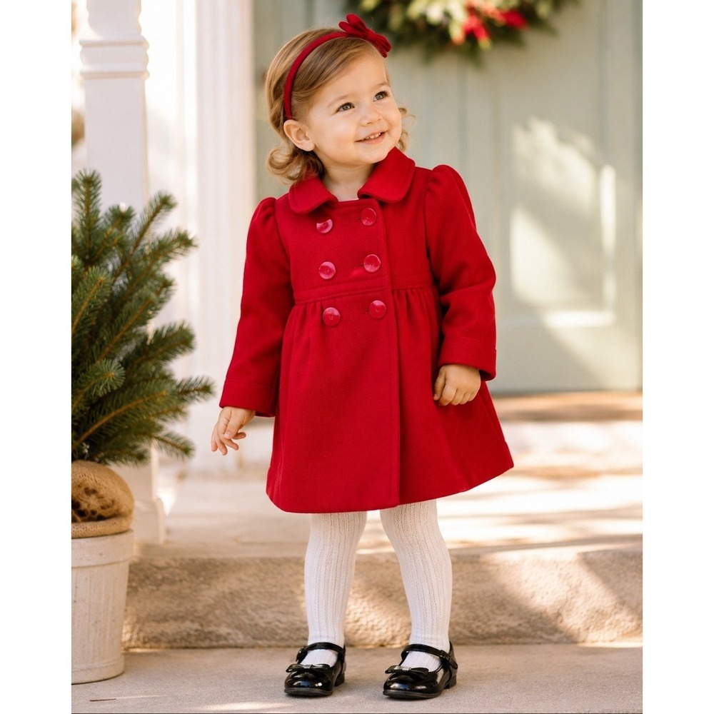 Baby Gap Toddler 12-18M Red Peacoat Double Breasted Dress Coat Puff Sleeve